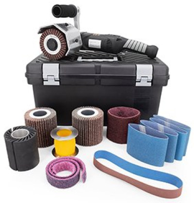 CS Unitec PTX Eco Smart Basic Kit for metal working - Includes: 1 PTX Eco Smart machine, 12.27 Amp, 110 V, 1 Carrying Case (P/N 40008), 1 60 grit flap wheel, 4" x 4-1/4" (P/N 47212), 1 80 grit interleaf (combi) wheel, 4" x 4-1/4" (P/N 47312), 1 Expansion 