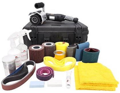CS Unitec PTX Eco Smart Professional Kit for metal working - Includes 1 PTX Eco Smart machine, 1 Professional Case (P/N 80002), 1 40 grit flap wheel, 4" x 4-1/4" (P/N 47211), 1 80 grit interleaf (combi) wheel, 4" x 4-1/4" (P/N 47312), 1 Expansion roller,