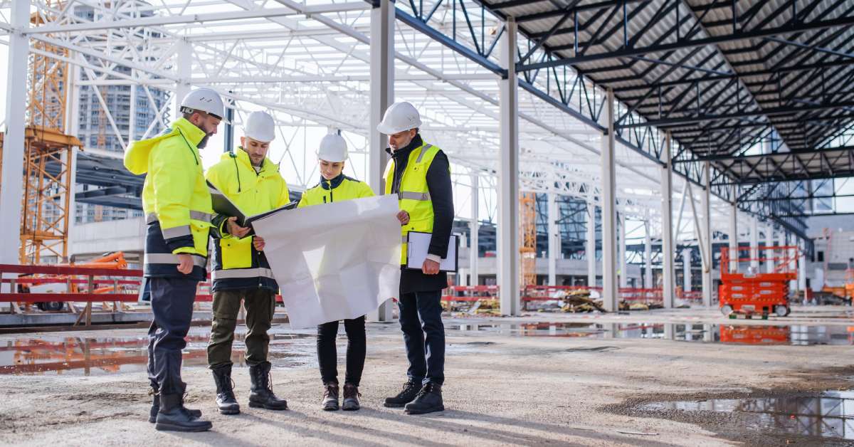 A member of a construction team holds a large blueprint on a jobsite, and three other workers gather around to read it.